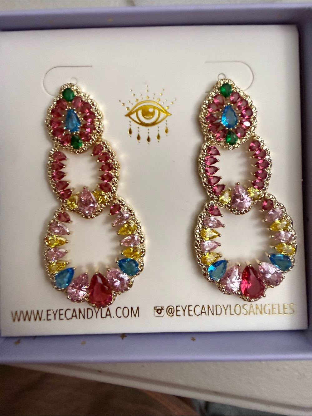 Eye Candy Candice Earrings. Pink Multicolor Crystal Drop Earrings